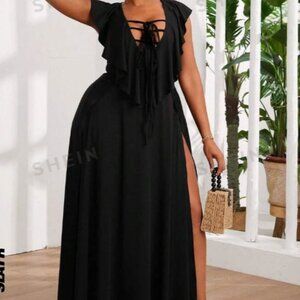 NEW SHEIN Slayr Plus Size Summer Holiday Solid Color Ruffle Trim High Slit Dress